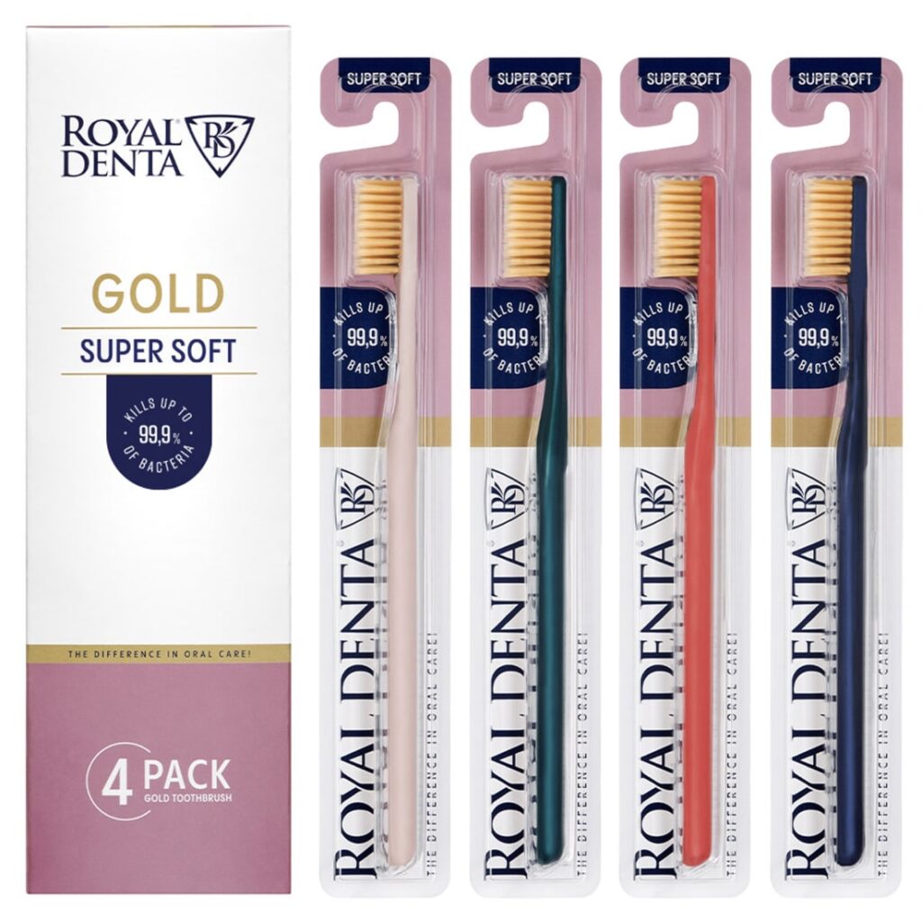 GOLD SUPER SOFT dantų šepetėliai, modernūs koteliai 4 vnt.