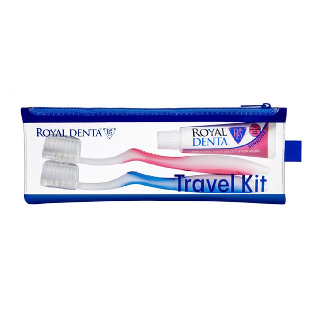 Travel Kit SENSITIVE rinkinys: SILVER SOFT dantų šepetėliai 2vnt. ir 20 g. dantų pasta, priedai