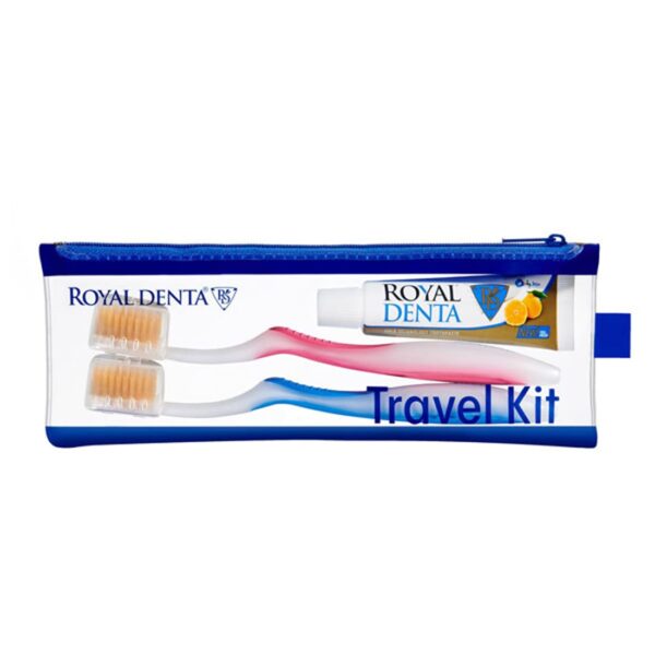 Travel Kit JEJU rinkinys: GOLD SOFT dantų šepetėliai 2 vnt. ir 20 g. dantų pasta, priedai