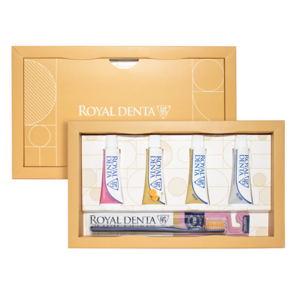 PAŽINTINIS rinkinys: visų rūšių dantų pastos po 20g, GOLD SUPER SOFT dantų šepetėlis, modernus kotelis - Image 3
