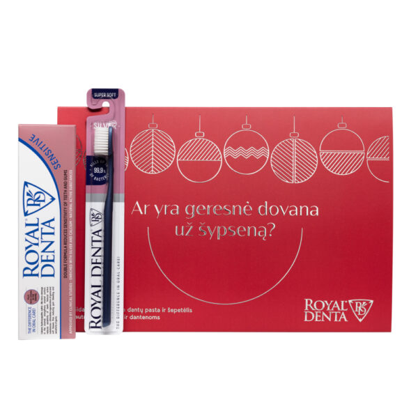 SENSITIVE Kaledinis dovanų rinkinys, 130 g SENSITIVE dantų pasta ir SILVER SUPER SOFT dantų šepetėlis, modernus kotelis