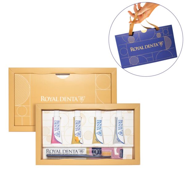 PAŽINTINIS rinkinys: visų rūšių dantų pastos po 20g, GOLD SUPER SOFT dantų šepetėlis, modernus kotelis