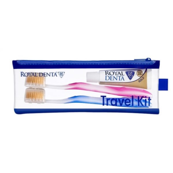 Travel Kit GOLD rinkinys: GOLD MEDIUM dantų šepetėliai 2 vnt. ir 20 g. dantų pasta, priedai