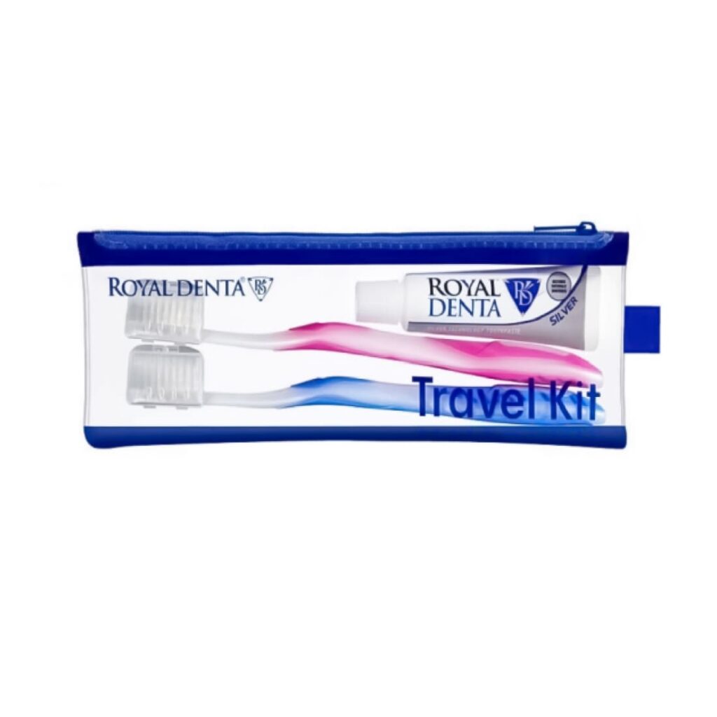 Travel Kit SILVER rinkinys: SILVER MEDIUM dantų šepetėliai 2vnt. ir 20 g. dantų pasta, priedai