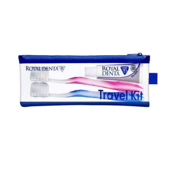 Travel Kit SILVER rinkinys: SILVER MEDIUM dantų šepetėliai 2vnt. ir 20 g. dantų pasta, priedai